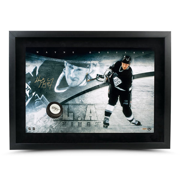 Wayne Gretzky Autographed Los Angeles Kings Slapshot Breaking Through Framed Artwork