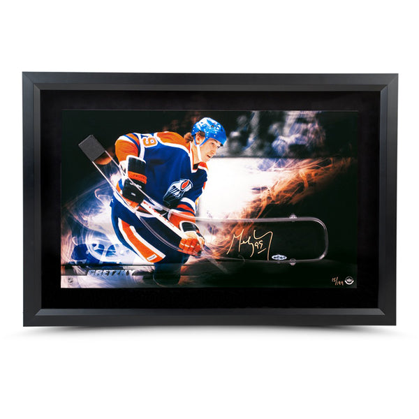 Wayne Gretzky Autographed Acrylic Stick Blade With Edmonton Oilers Flame Picture – Framed