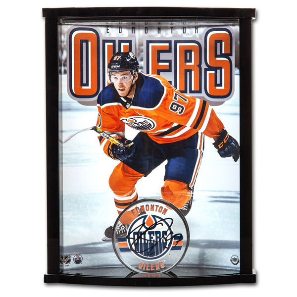 Connor McDavid Autographed Edmonton Oilers Lucite Puck With Oilers Picture Curve Display
