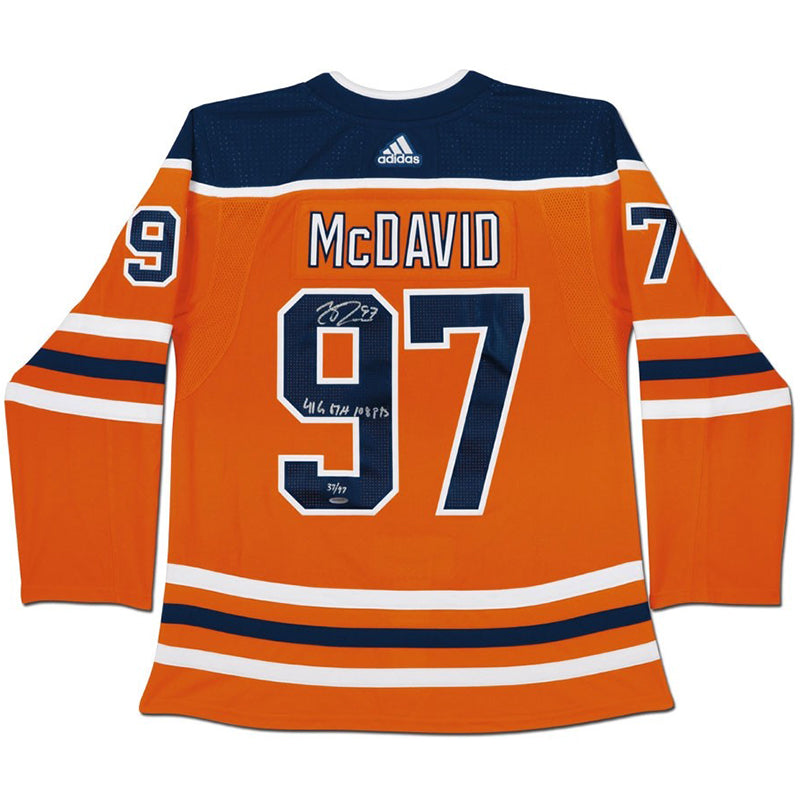 Connor McDavid & Inscribed “41 G, 67 A, 108 Pts” Edmonton Oilers Orange Adidas Authentic Jersey