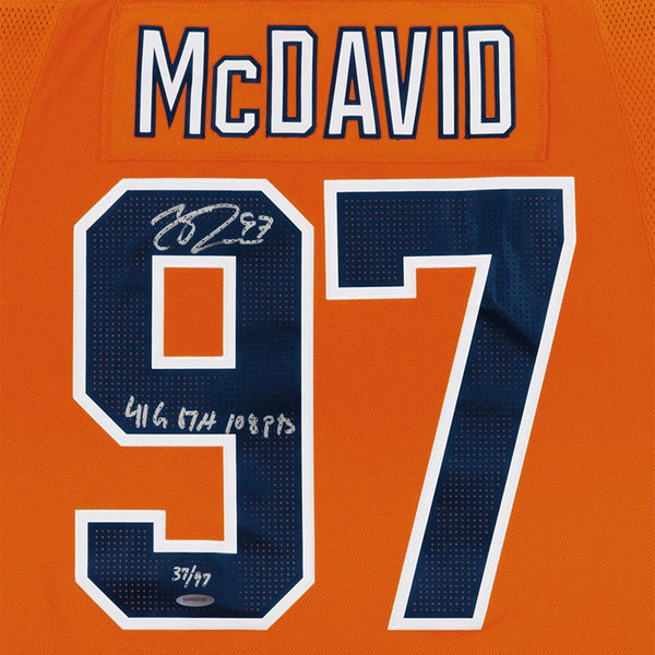 Connor McDavid & Inscribed “41 G, 67 A, 108 Pts” Edmonton Oilers Orange Adidas Authentic Jersey
