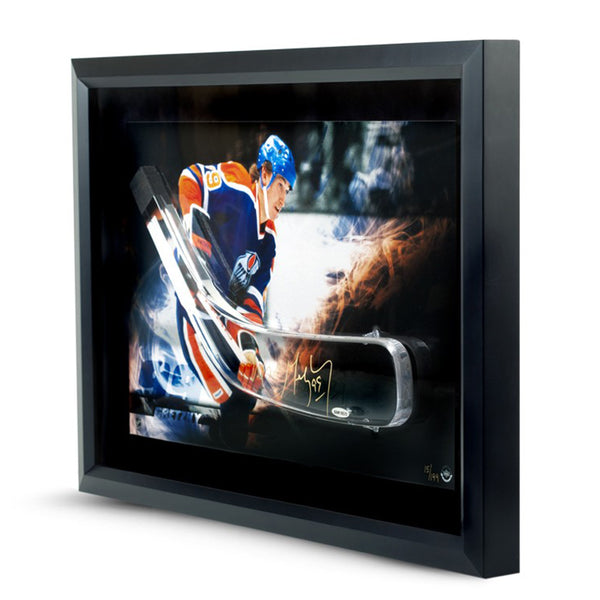 Wayne Gretzky Autographed Acrylic Stick Blade With Edmonton Oilers Flame Picture – Framed