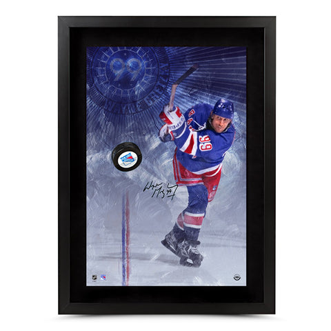 Wayne Gretzky Autographed New York Rangers Slapshot Breaking Through Framed Artwork