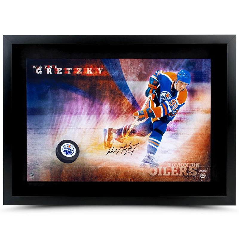 Wayne Gretzky Autographed Edmonton Oilers Slapshot Breaking Through – Framed