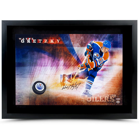 Wayne Gretzky Autographed Edmonton Oilers Slapshot Breaking Through – Framed